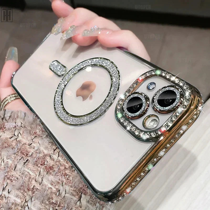 New Crystal Diamond Clear Case For iPhone 16 15 11 12 13 14 Pro Max Plus Bling Sparkly Magsafe Magnetic Wireless Charging Cover - Glo Shop
