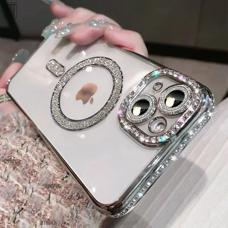 New Crystal Diamond Clear Case For iPhone 16 15 11 12 13 14 Pro Max Plus Bling Sparkly Magsafe Magnetic Wireless Charging Cover - Glo Shop