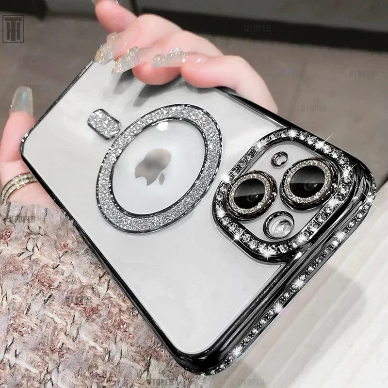 New Crystal Diamond Clear Case For iPhone 16 15 11 12 13 14 Pro Max Plus Bling Sparkly Magsafe Magnetic Wireless Charging Cover - Glo Shop