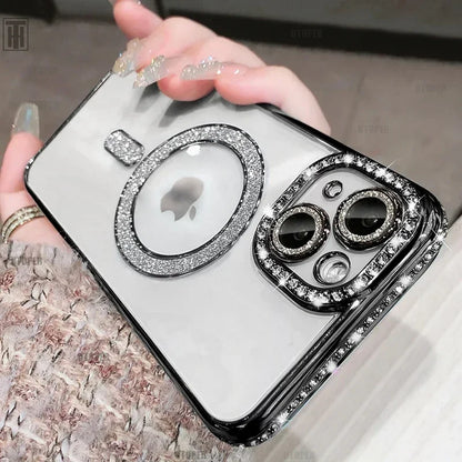 New Crystal Diamond Clear Case For iPhone 16 15 11 12 13 14 Pro Max Plus Bling Sparkly Magsafe Magnetic Wireless Charging Cover - Glo Shop