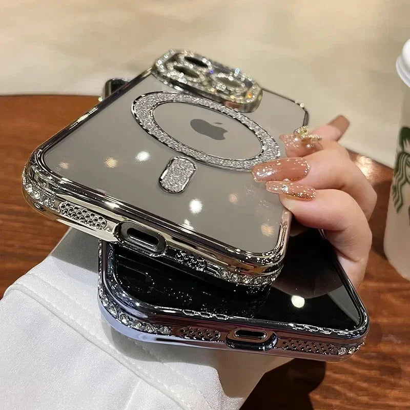 New Crystal Diamond Clear Case For iPhone 16 15 11 12 13 14 Pro Max Plus Bling Sparkly Magsafe Magnetic Wireless Charging Cover - Glo Shop