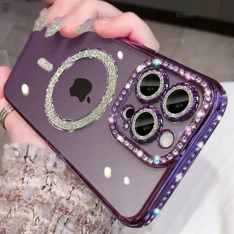New Crystal Diamond Clear Case For iPhone 16 15 11 12 13 14 Pro Max Plus Bling Sparkly Magsafe Magnetic Wireless Charging Cover - Glo Shop