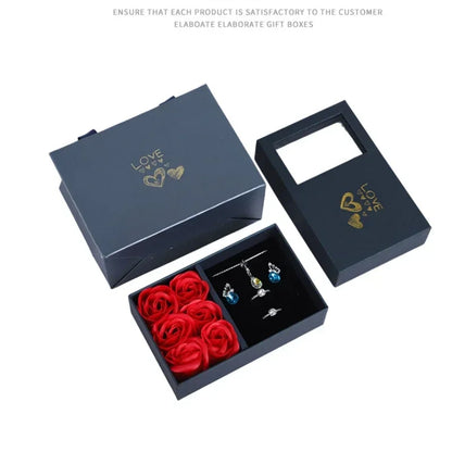 Valentine's Day Window Opening Jewelry Box Heart Four-leaf Clover Pendant Gift Packaging Box Bag Romantic 6 Rose Box