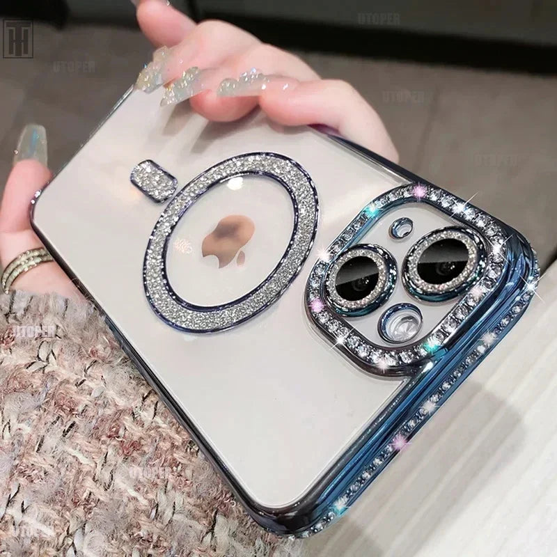 New Crystal Diamond Clear Case For iPhone 16 15 11 12 13 14 Pro Max Plus Bling Sparkly Magsafe Magnetic Wireless Charging Cover - Glo Shop
